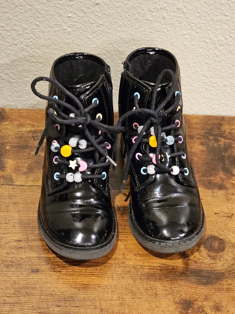 Children's Place Black Lace-Up Boots with Colorful Bead Accents